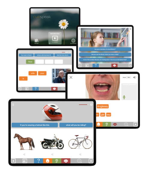 Group of iPads showing Cuespeak application screenshots