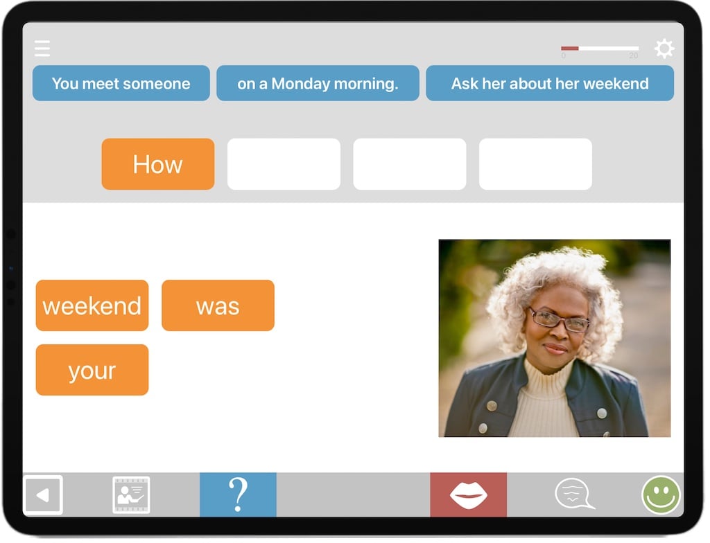 an iPad screenshot showing the Sentence Sorter therapy module