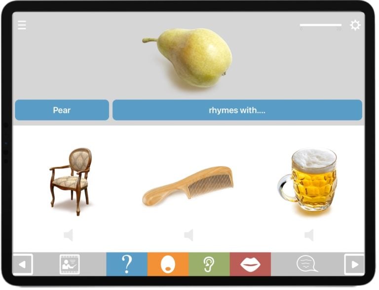 an iPad screenshot showing the Rhyme Judgement therapy module