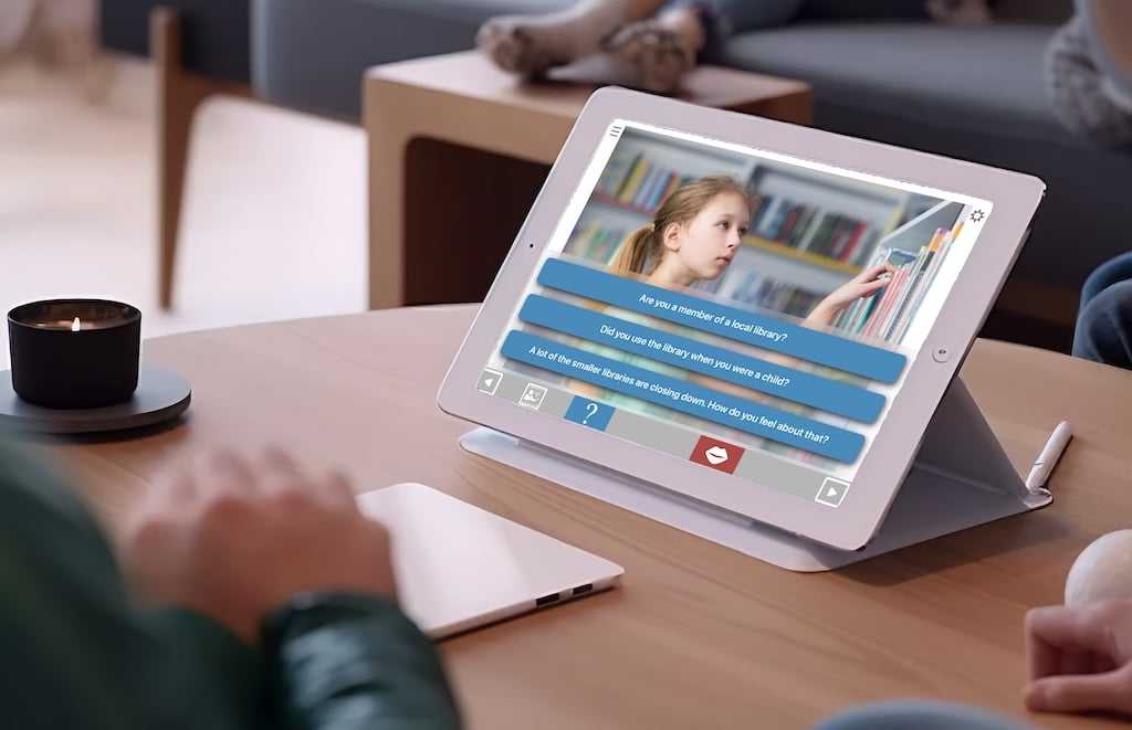 an iPad sitting on a table running Talking Points therapy module